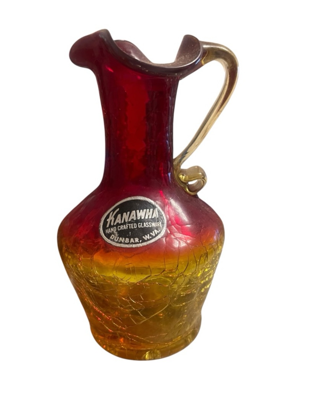 Vintage Kanawha Hand Crafted Crackle Glass Mini Pitcher Vase Red Amber 4.5”
